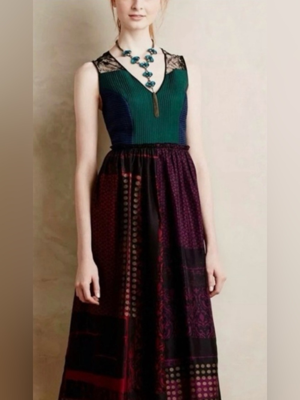 Green and Navy V-Neck Bodice Mixed Print Maxi Dress